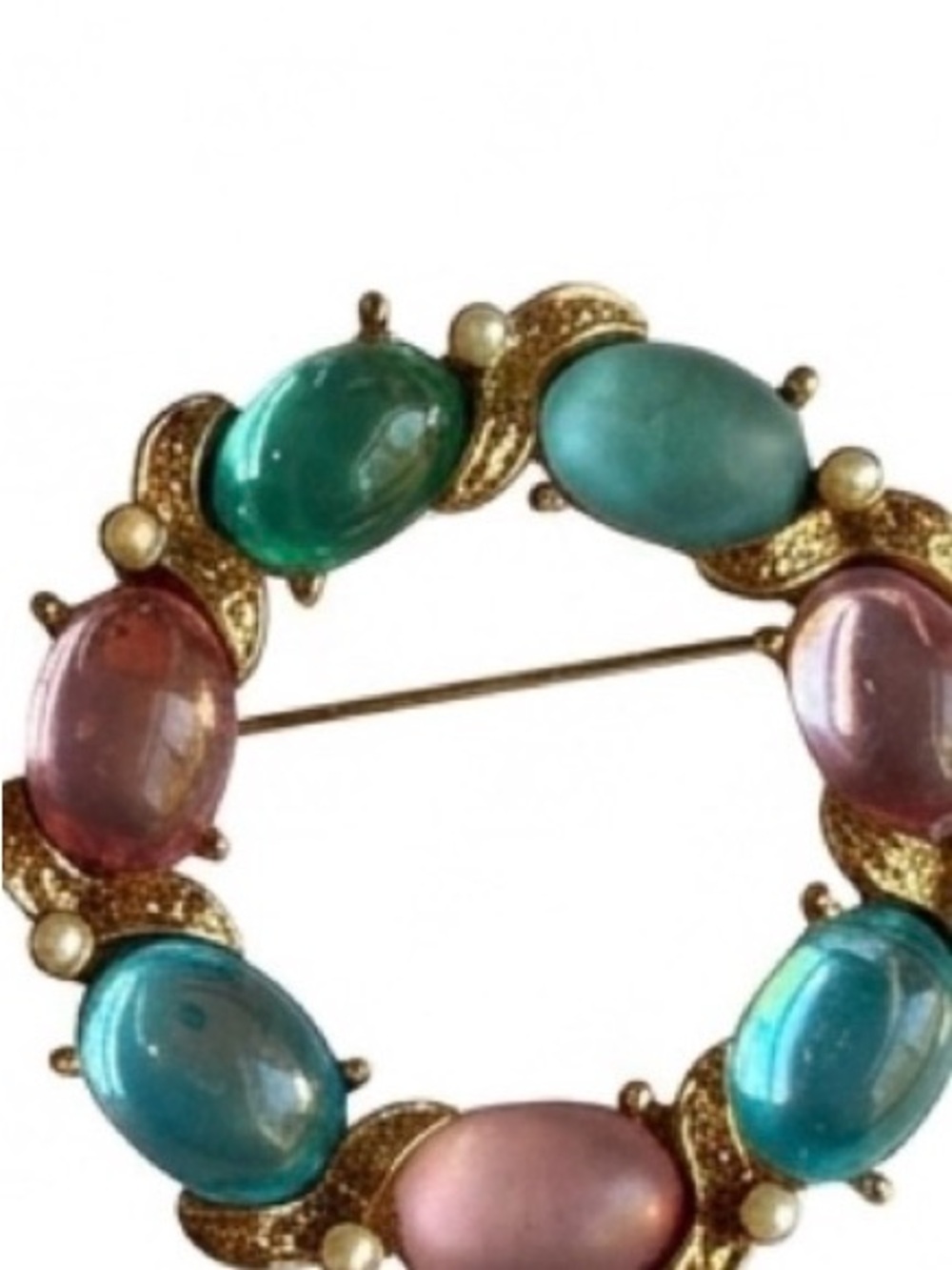 Vintage Multicolor Cabochon Wreath Brooch - Gold, Teal, Aqua, Pink